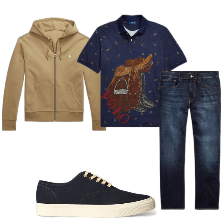 Outfit uomo - Total look #1803072. Stile Trendy per Tutti i giorni. Abbinamento con sneakers, jeans dritti, felpe con cappuccio, polo.