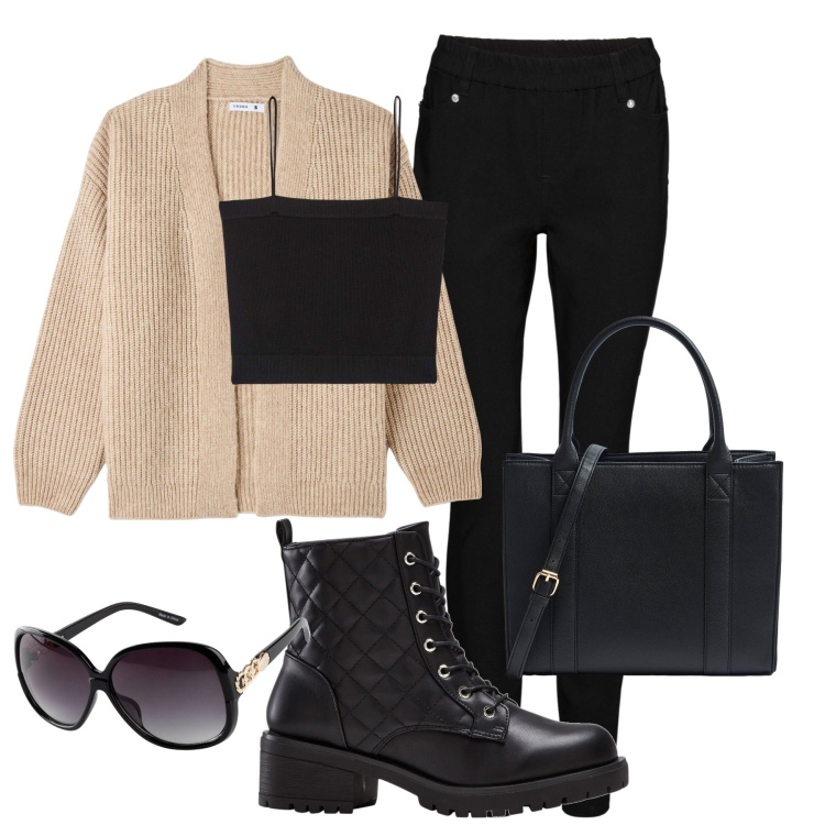 Outfit donna - City. Stile Casual chic per Tutti i giorni. Abbinamento con occhiali da sole, pantaloni skinny, stivaletti, canottiere, cardigans, shopping bag.