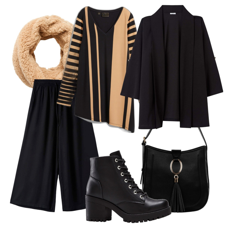 Outfit donna - Domenica in relax. Stile Casual chic per Tutti i giorni. Abbinamento con stivaletti, maglieria, pantaloni a palazzo, blazer, sciarpe, borse a spalla.