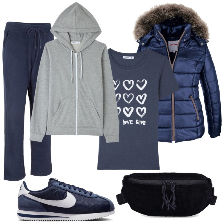 Outfit donna - Relax al parco con il cane. Stile Casual per Sport. Abbinamento con piumini, pantaloni, t-shirt, felpe con cappuccio, sneakers, marsupi.