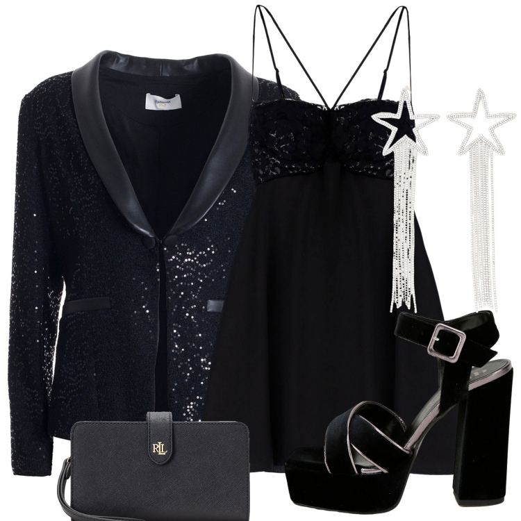 Outfit donna - Serata. Stile Glamour per Serata fuori. Abbinamento con vestiti corti, décolleté, orecchini, blazer, pochette.