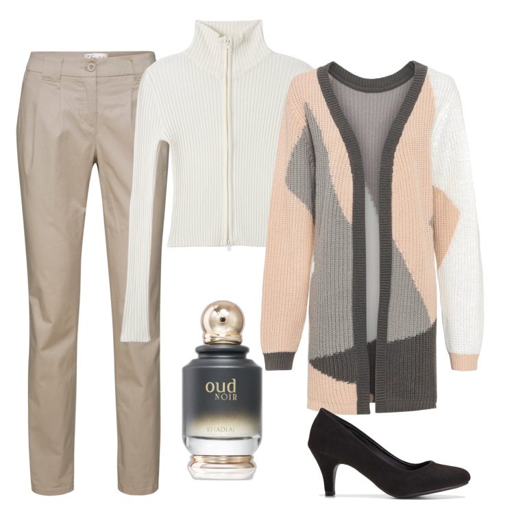 Outfit donna - Il cardigan lungo glamour. Stile Casual per Ufficio. Abbinamento con cardigans, pantaloni chino, décolleté, profumi, maglieria.