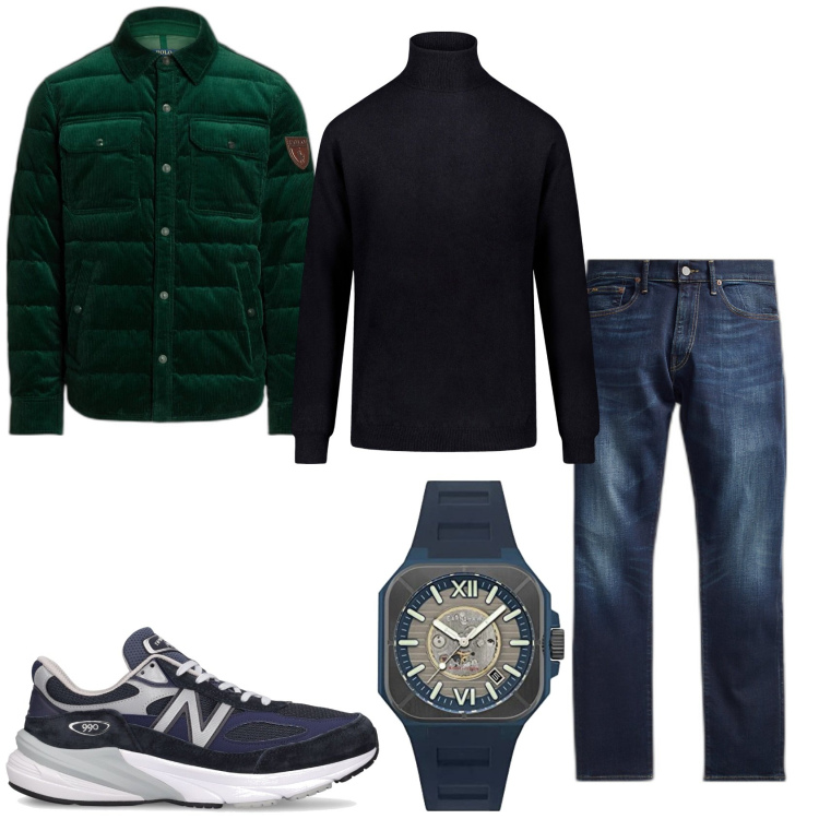 Outfit uomo - Una giornata fredda. Stile Trendy per Tutti i giorni. Abbinamento con jeans, piumini, maglieria, sneakers, orologi.