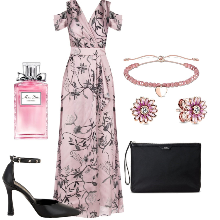 Outfit donna - Matrimonio di un\'amica. Stile Romantica per Cerimonia. Abbinamento con profumi, vestiti lunghi, décolleté, pochette, braccialetti, orecchini.