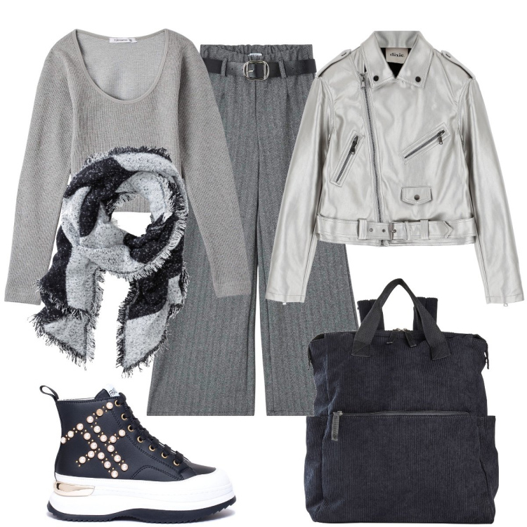 Outfit donna - Total look #1803144. Stile Casual chic per Ufficio. Abbinamento con zaini, sciarpe, t-shirt, pantaloni, sneakers, cappotti.