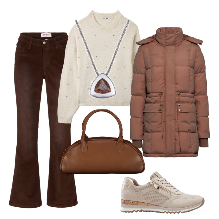 Outfit donna - Stile curvy fashion. Stile Casual per Tutti i giorni. Abbinamento con sneakers, pantaloni, piumini, maglieria, collane, borse a spalla.