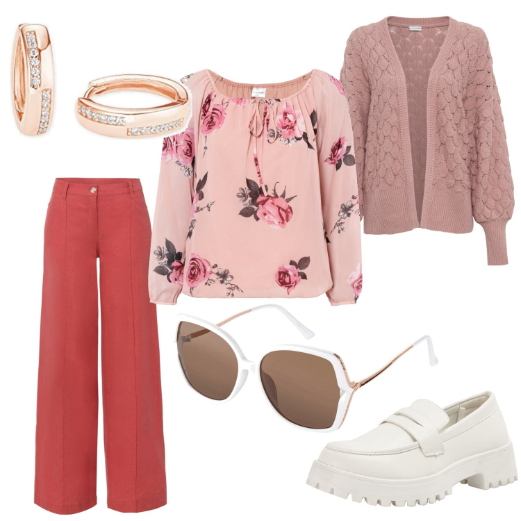 Outfit donna - ....voglia di primavera. Stile Casual chic per Tutti i giorni. Abbinamento con pantaloni a palazzo, cardigans, bluse, occhiali da sole, mocassini, orecchini.