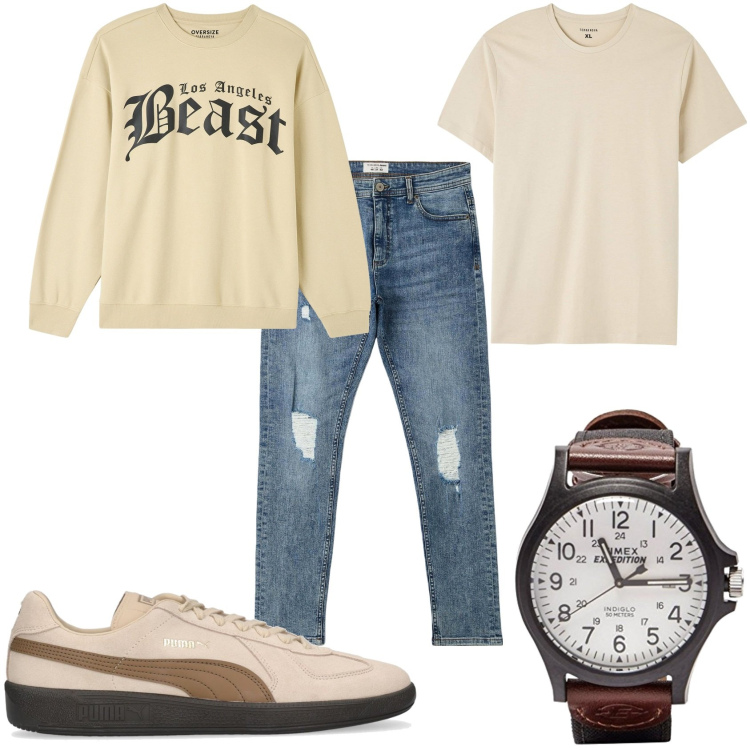 Outfit uomo - Il beige il mio colore. Stile Urban per Tutti i giorni. Abbinamento con felpe, jeans strappati, t-shirt, orologi, sneakers.