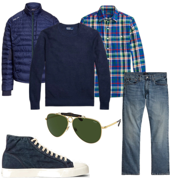 Outfit uomo - Il week-end. Stile Trendy per Tutti i giorni. Abbinamento con sneakers, cappotti, occhiali da sole, camicie, jeans dritti, maglieria.