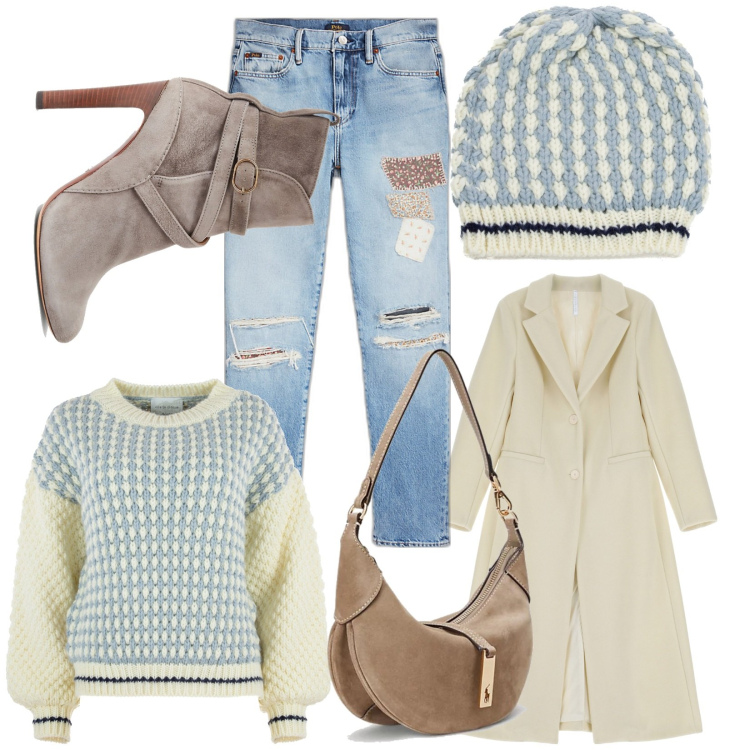 Outfit donna - Di volata dal commercialista. Stile Sporty chic per Ufficio. Abbinamento con cappotti, borse a spalla, stivaletti, jeans strappati, berretti, maglieria.