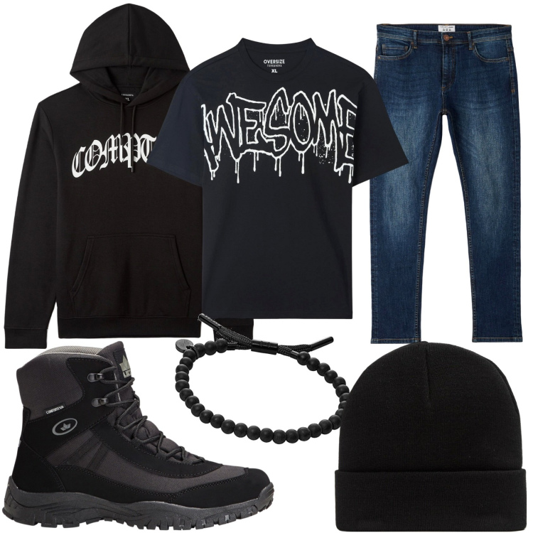 Outfit uomo - Rock band. Stile Biker Rock per Tutti i giorni. Abbinamento con stivali e stivaletti, t-shirt, jeans skinny, felpe con cappuccio, cappelli, braccialetti.