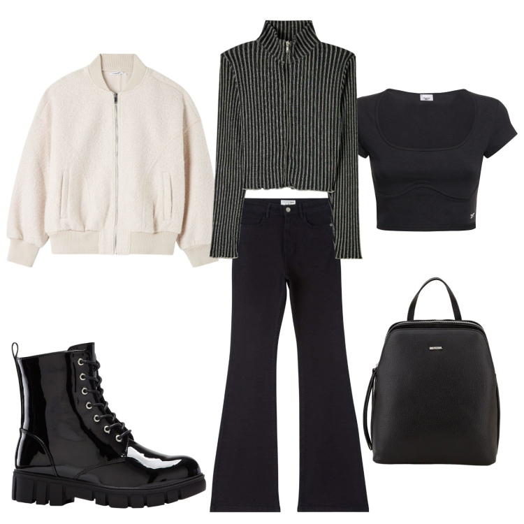 Outfit donna - Casual comodo. Stile Casual per Scuola/Università. Abbinamento con stivaletti, maglieria, bomber, jeans a zampa, zaini, t-shirt.