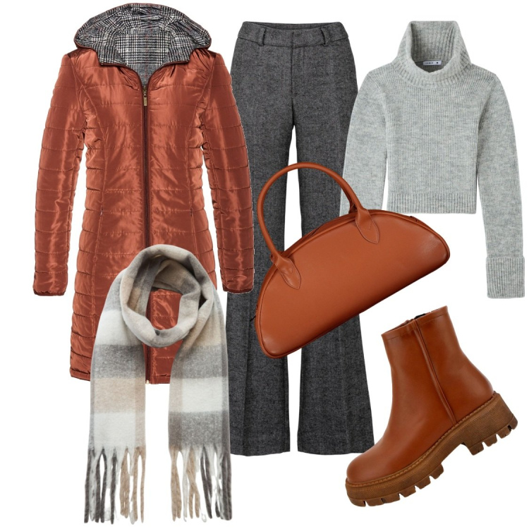 Outfit donna - I giorni della merla. Stile Casual per Tutti i giorni. Abbinamento con pantaloni a palazzo, blazer, maglieria, sciarpe, stivaletti, borse a spalla.