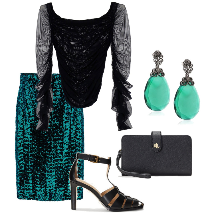 Outfit donna - Risplendo. Stile Chic per Serata fuori. Abbinamento con maglieria, gonne longuette, pochette, décolleté, orecchini.