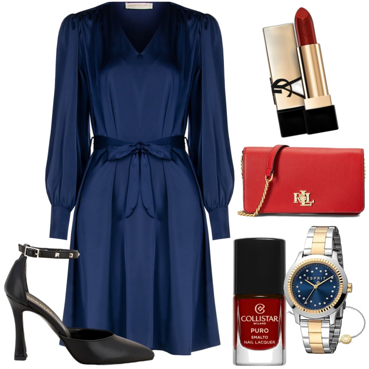 Outfit donna - Total look #1803207. Stile Chic per Serata fuori. Abbinamento con smalti, rossetti, vestiti midi/longuette, décolleté, borse a mano, orologi.