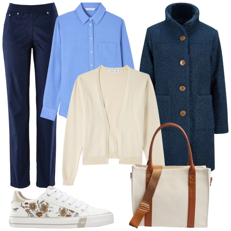 Outfit donna - La camicia azzurra. Stile Casual per Tutti i giorni. Abbinamento con cappotti, pantaloni sportivi, sneakers, cardigans, camicie, shopping bag.