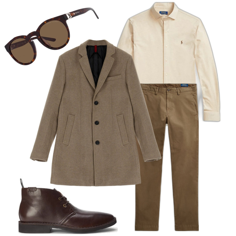 Outfit uomo - Nocciola. Stile Business/Elegante per Ufficio. Abbinamento con cappotti, stivali e stivaletti, occhiali da sole, camicie, pantaloni.