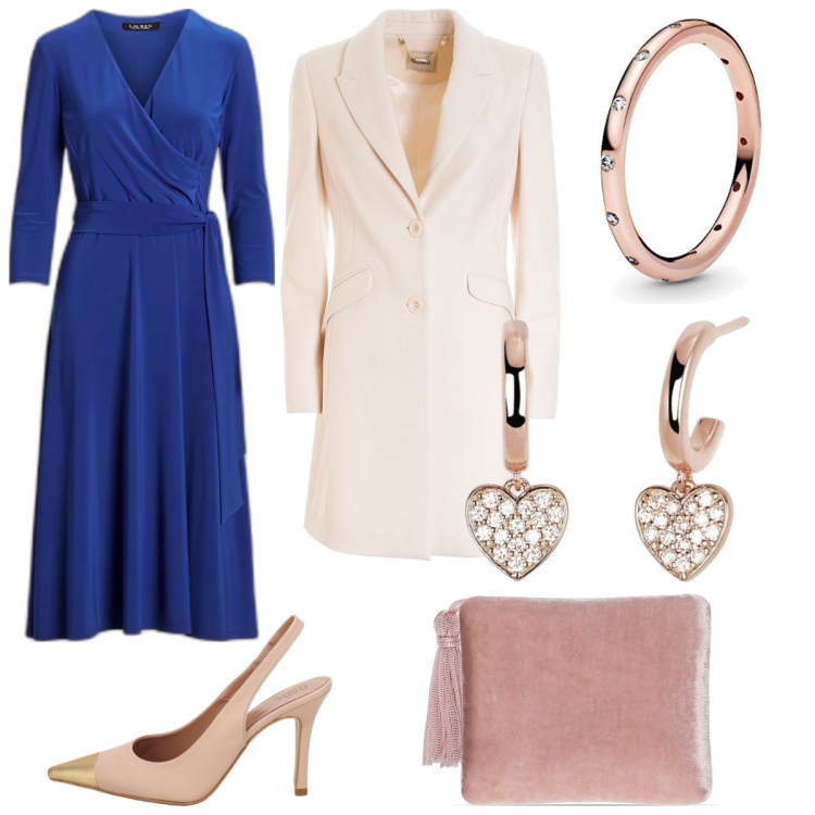 Outfit donna - Matrimonio a marzo. Stile Romantica per Cerimonia. Abbinamento con orecchini, cappotti, décolleté, vestiti, pochette, anelli.