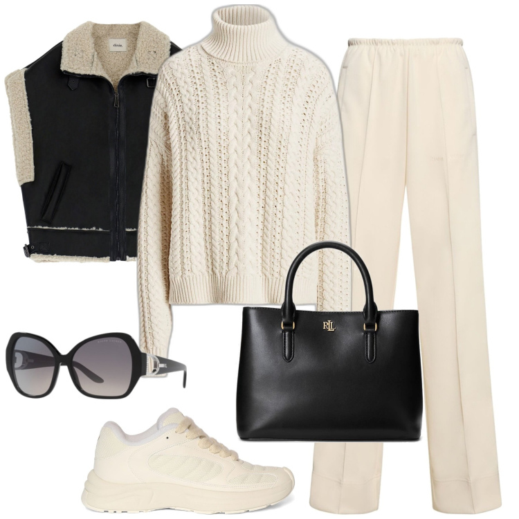 Outfit donna - City. Stile Casual chic per Tutti i giorni. Abbinamento con gilet, occhiali da sole, maglieria, borse a mano, pantaloni, sneakers.