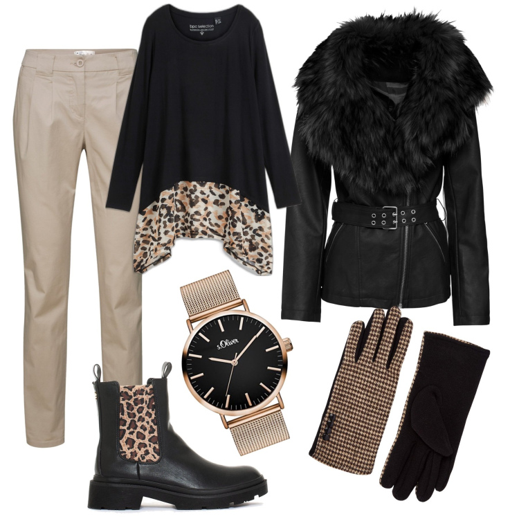 Outfit donna - Dettagli animalier. Stile Sporty chic per Tutti i giorni. Abbinamento con maglieria, pantaloni chino, blazer, guanti, stivali sopra il ginocchio, orologi.