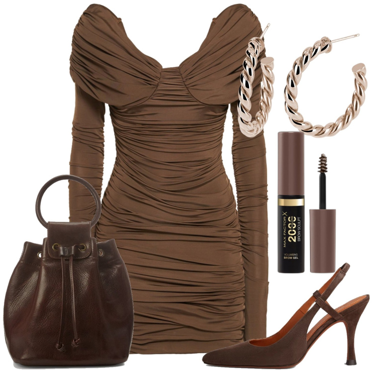Outfit donna - Serata. Stile Glamour per Serata fuori. Abbinamento con mascara, orecchini, borse a secchiello, scarpe col tacco, vestiti.