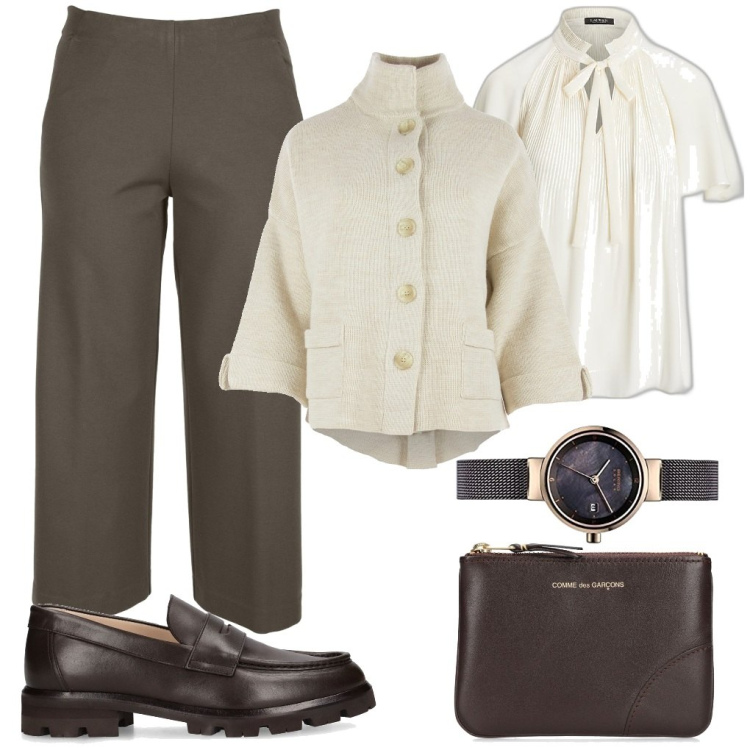 Outfit donna - Sobria eleganza. Stile Casual chic per Ufficio. Abbinamento con camicie, blazer, portafogli, pantaloni, mocassini, orologi.