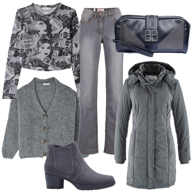 Outfit donna - Viva il grigio. Stile Casual per Tutti i giorni. Abbinamento con stivaletti, jeans dritti, giacche, cardigans, t-shirt, pochette.