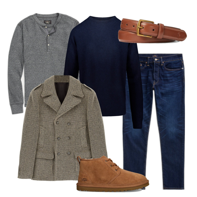 Outfit uomo - Inverno. Stile Casual per Tutti i giorni. Abbinamento con cappotti, cinture, jeans, t-shirt, maglieria, scarpe stringate.