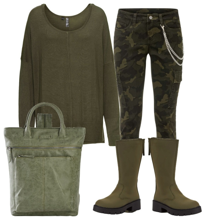 Outfit donna - Total look #1803293. Abbinamento con maglieria, zaini, pantaloni cargo, stivaletti.