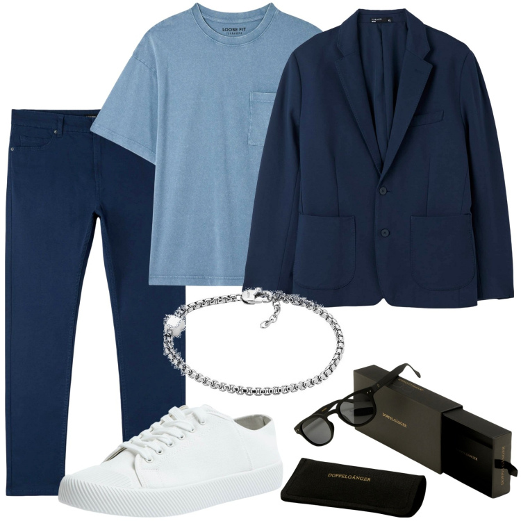 Outfit uomo - Total look #1803294. Stile Casual per Tutti i giorni. Abbinamento con t-shirt, pantaloni skinny, cappotti, sneakers, occhiali da sole, braccialetti.