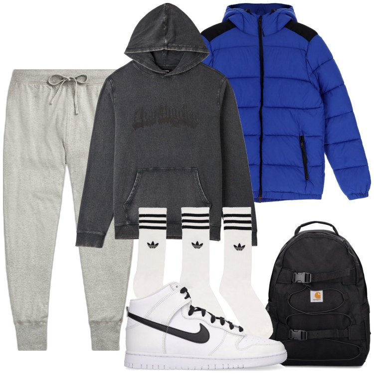 Outfit uomo - Total look #1803299. Stile Casual per Tutti i giorni. Abbinamento con felpe con cappuccio, piumini, pantaloni, borse sportive, sneakers, calzini.