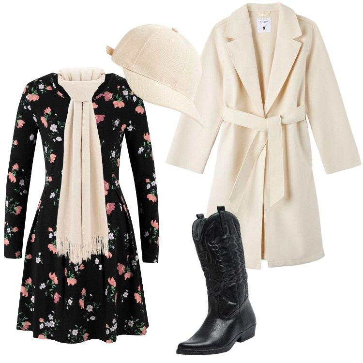 Outfit donna - Total look #1803307. Stile Trendy per Tutti i giorni. Abbinamento con vestiti, cappelli, cappotti, stivaletti texani, sciarpe.