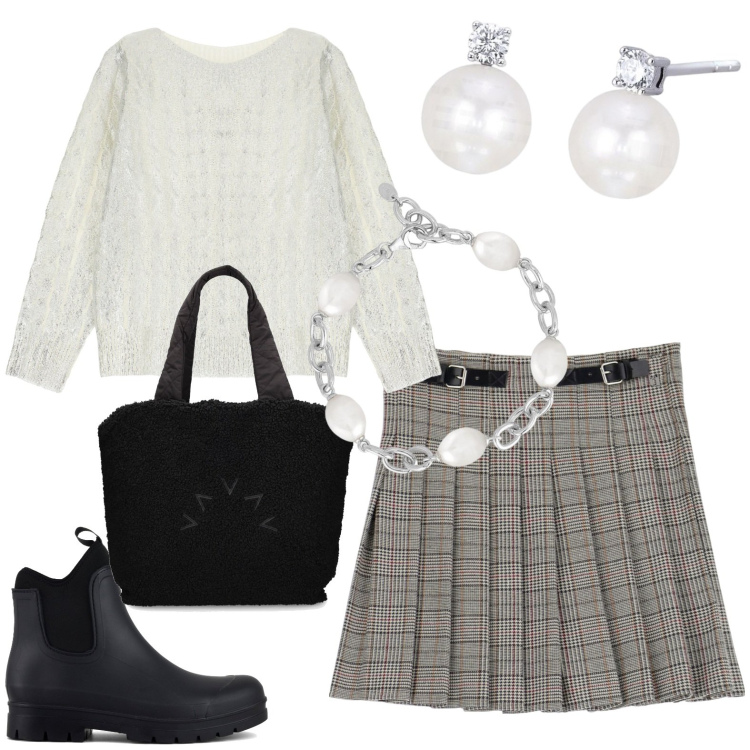 Outfit donna - A pieghe in principe di galles. Stile Casual per Tutti i giorni. Abbinamento con orecchini, braccialetti, maglieria, minigonne, stivali, shopping bag.