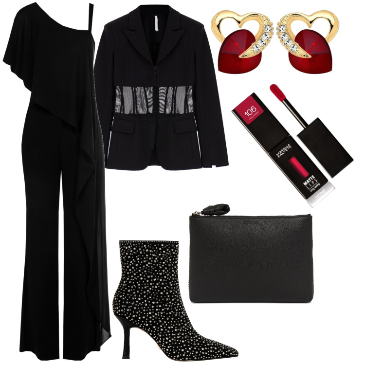 Outfit donna - Total look #1803363. Stile Chic per Serata fuori. Abbinamento con rossetti, tute, stivaletti, giacche, orecchini, pochette.