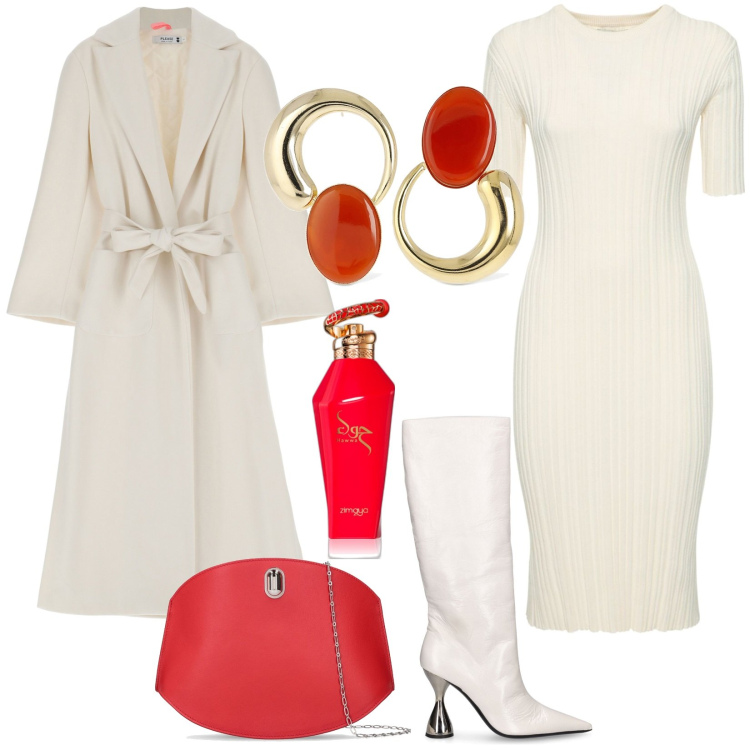 Outfit donna - Rosso/avorio. Stile Chic per Tutti i giorni. Abbinamento con profumi, cappotti, orecchini, stivali sopra il ginocchio, vestiti, borse a spalla.