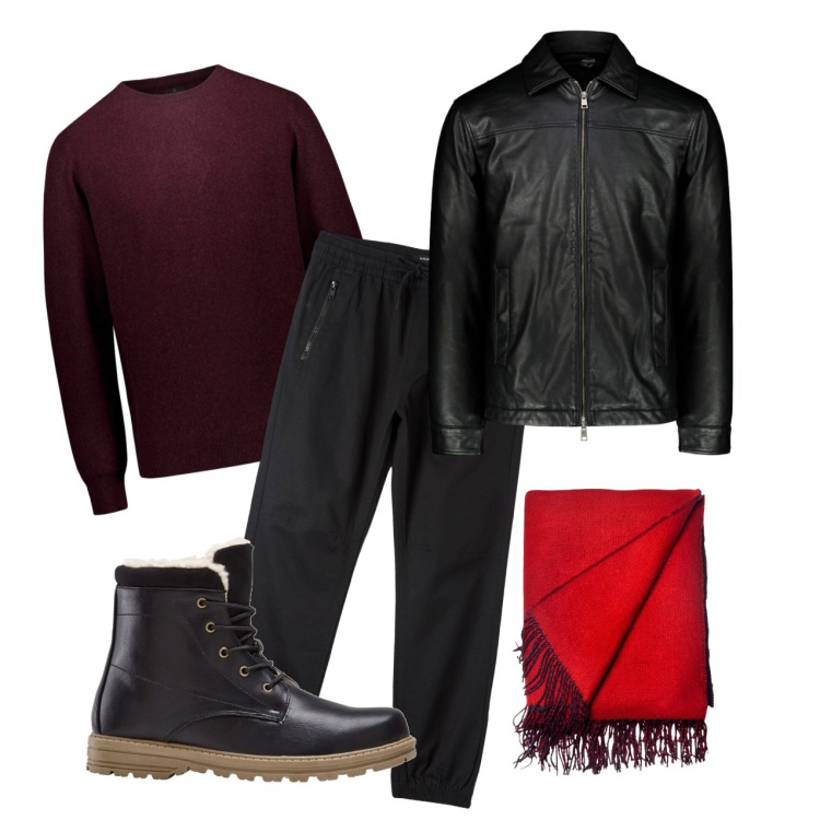 Outfit uomo - Rosso su nero. Stile Urban per Serata speciale. Abbinamento con stivali e stivaletti, pantaloni, sciarpe, giacche, maglieria.