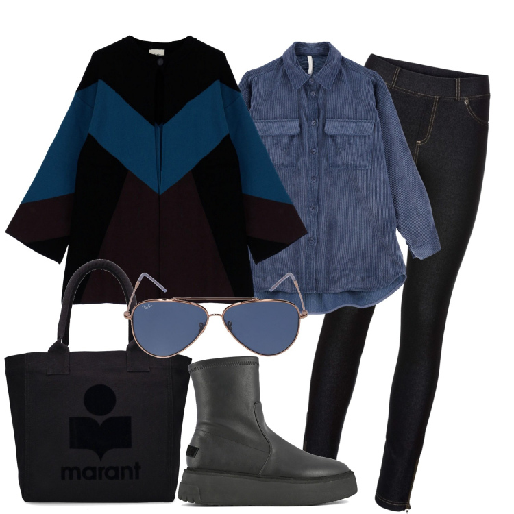 Outfit donna - La camicia over. Stile Casual chic per Tutti i giorni. Abbinamento con jeggings, camicie, cappotti, occhiali da sole, shopping bag, stivaletti.