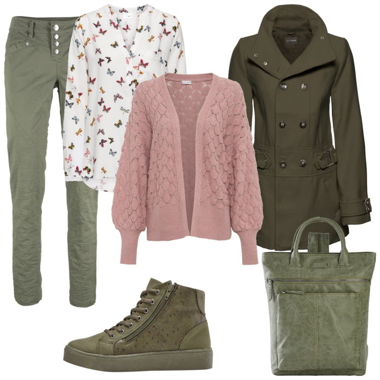 Outfit donna - La blusa con le farfalle. Stile Romantica per Tutti i giorni. Abbinamento con cardigans, pantaloni sportivi, bluse, cappotti, sneakers alte, zaini.