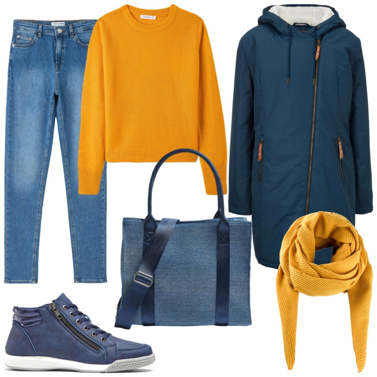 Outfit donna - In uni con brio. Stile Casual per Scuola/Università. Abbinamento con sneakers alte, foulard, cappotti, maglieria, shopping bag, jeans skinny.