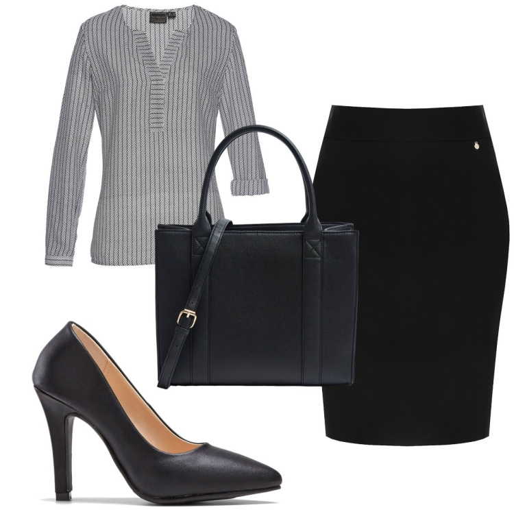 Outfit donna - Total look #1803399. Stile Minimal per Ufficio. Abbinamento con tuniche, décolleté, shopping bag, gonne.