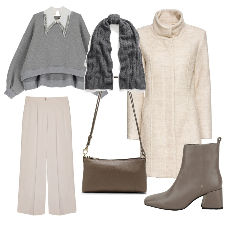 Outfit donna - Una borsa mini con l\'outfit oversize. Stile Casual chic per Ufficio. Abbinamento con cappotti, felpe, stivaletti, sciarpe, pantaloni a palazzo, borse a spalla.