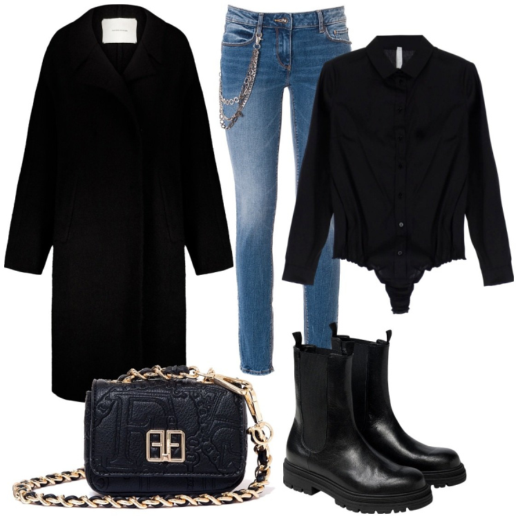 Outfit donna - Oggi mi vesto così. Stile Casual per Tutti i giorni. Abbinamento con marsupi, jeans skinny, body, cappotti, stivaletti chelsea.