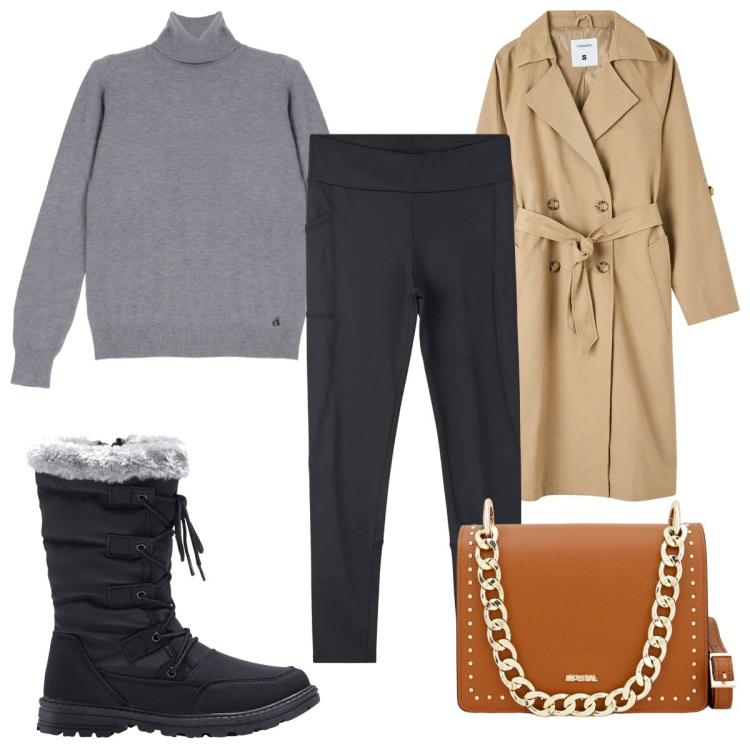 Outfit donna - Total look #1803454. Stile Trendy per Tutti i giorni. Abbinamento con stivaletti, leggings, trench, pochette, maglieria.