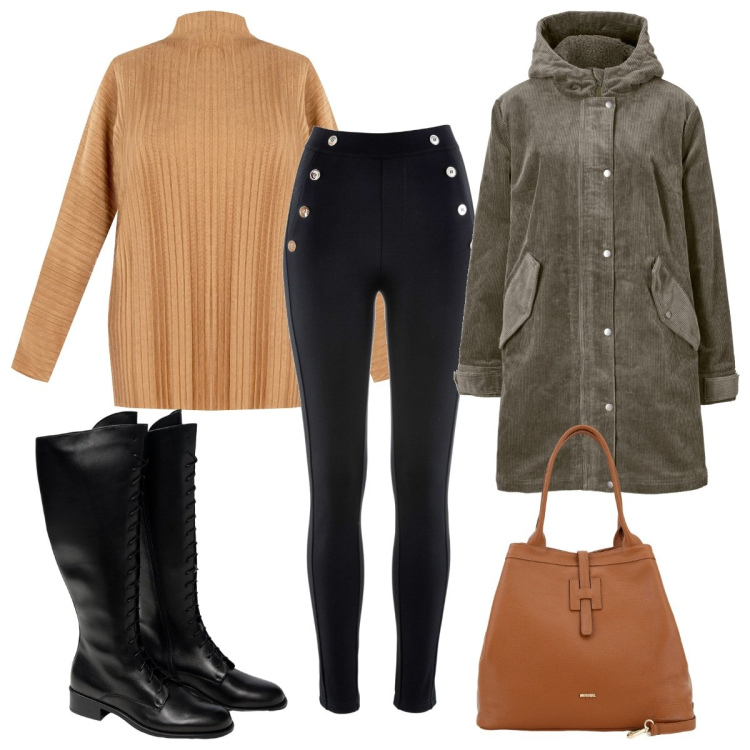 Outfit donna - Total look #1803462. Stile Trendy per Tutti i giorni. Abbinamento con leggings, parka, maglieria, borse a secchiello, stivali sopra il ginocchio.