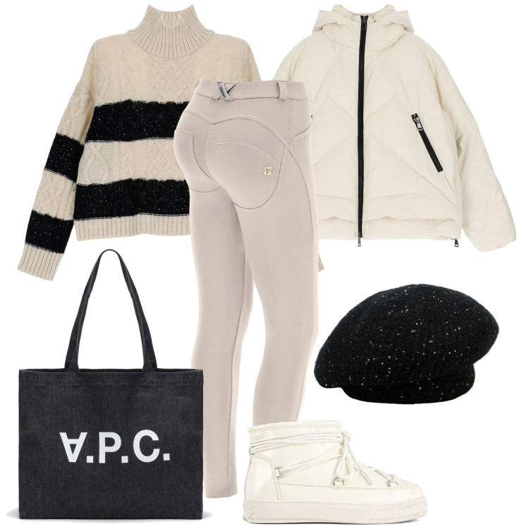 Outfit donna - White as snow. Stile Casual chic per Tutti i giorni. Abbinamento con cappelli e berretti, maglieria, piumini, pantaloni skinny, stivali da neve, shopping bag.