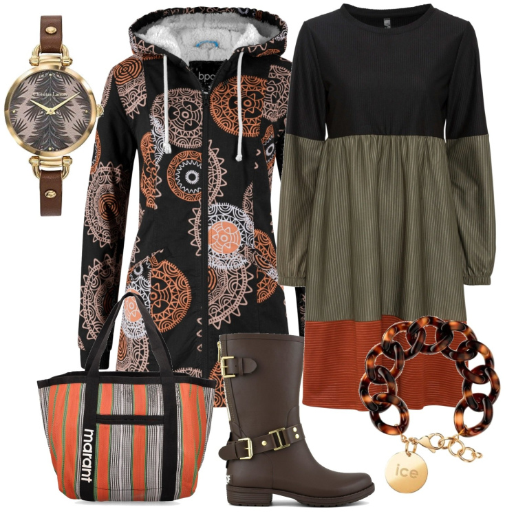 Outfit donna - Vintage. Stile Trendy per Tutti i giorni. Abbinamento con parka, vestiti corti, stivali, braccialetti, shopping bag, orologi analogici.