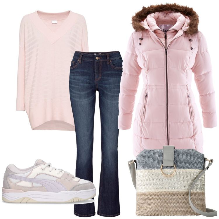 Outfit donna - Total look #1803488. Stile Casual per Tutti i giorni. Abbinamento con jeans bootcut, giacche, borse a tracolla, maglieria, sneakers.