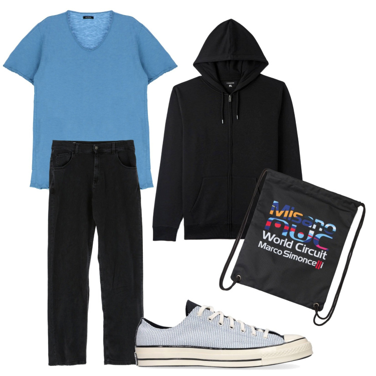 Outfit uomo - Total look #1803502. Stile Casual per Tutti i giorni. Abbinamento con borse sportive, felpe con cappuccio, jeans dritti, t-shirt, sneakers.