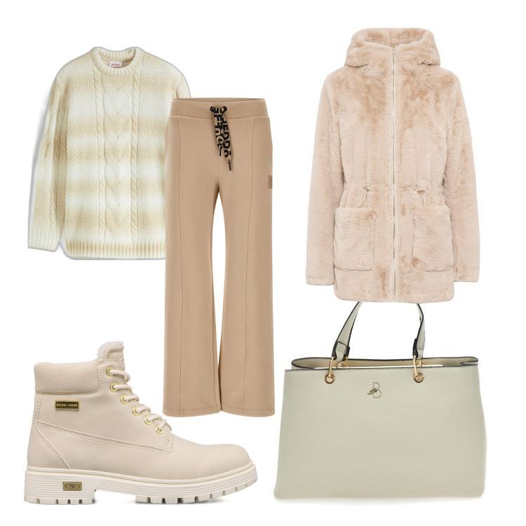 Outfit donna - Sfumature di beige. Stile Casual per Tutti i giorni. Abbinamento con ecopellicce, maglieria, pantaloni, stivaletti, borse a mano.
