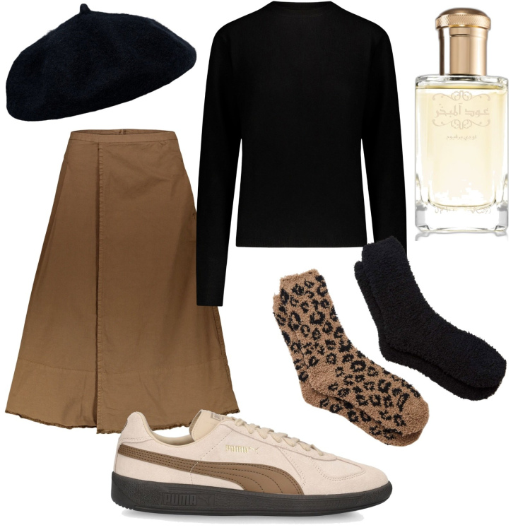 Outfit donna - Gonna e sneakers. Stile Trendy per Tutti i giorni. Abbinamento con profumi, calzini, gonne lunghe, cappelli e berretti, sneakers, maglieria.
